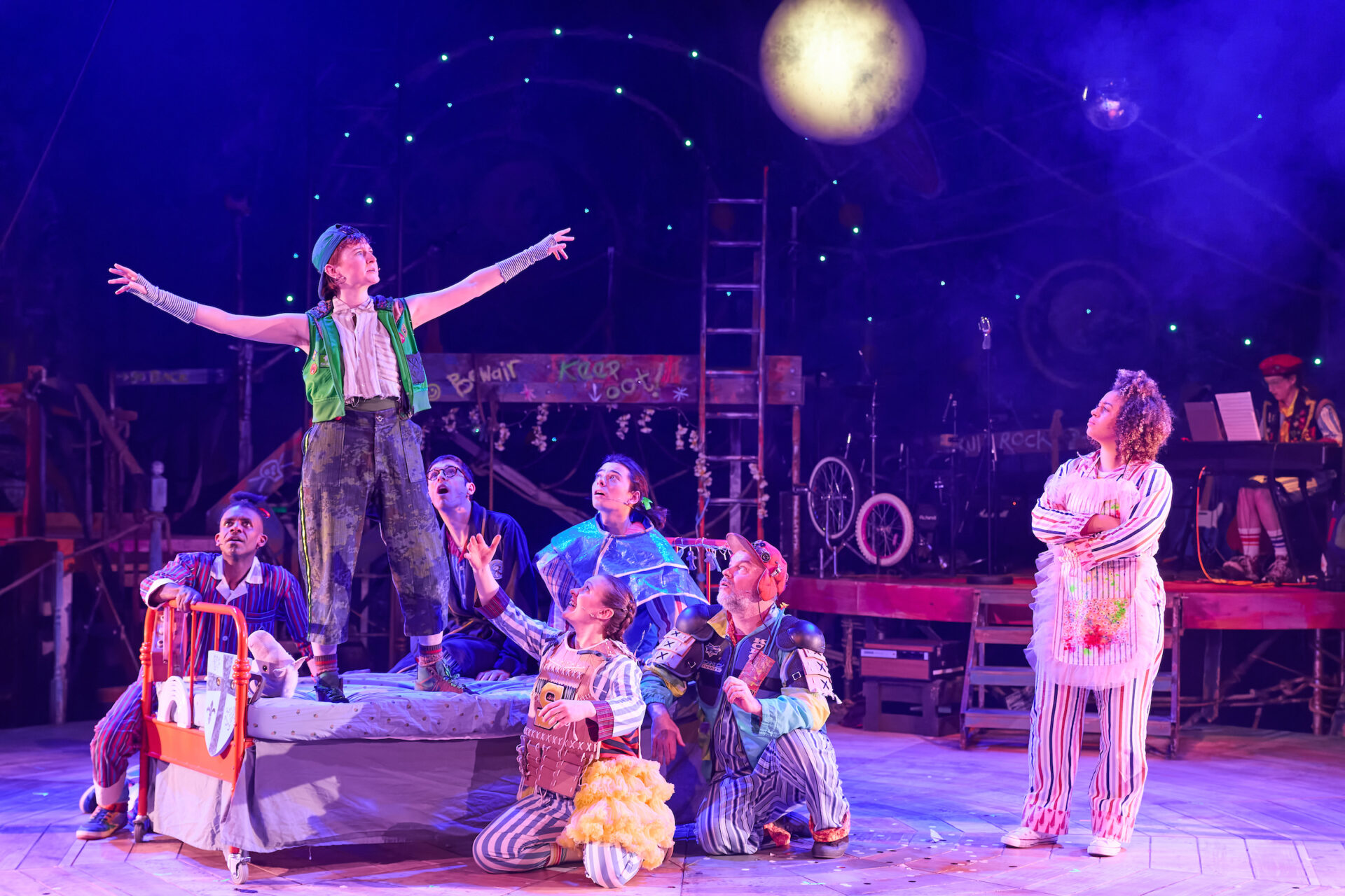 Kevin McIntosh (Michael / Jack), Rebecca Hayes (Peter), Peter Mooney (John), Edward Lee (Apprentice Actor), Rebecca Killick (Tiger / Nana / Slightly), Keiron Self (Mr Darling / Smee / Tootles) and Emily Burnett (Wendy) in Peter Pan. Image: Mark Douet