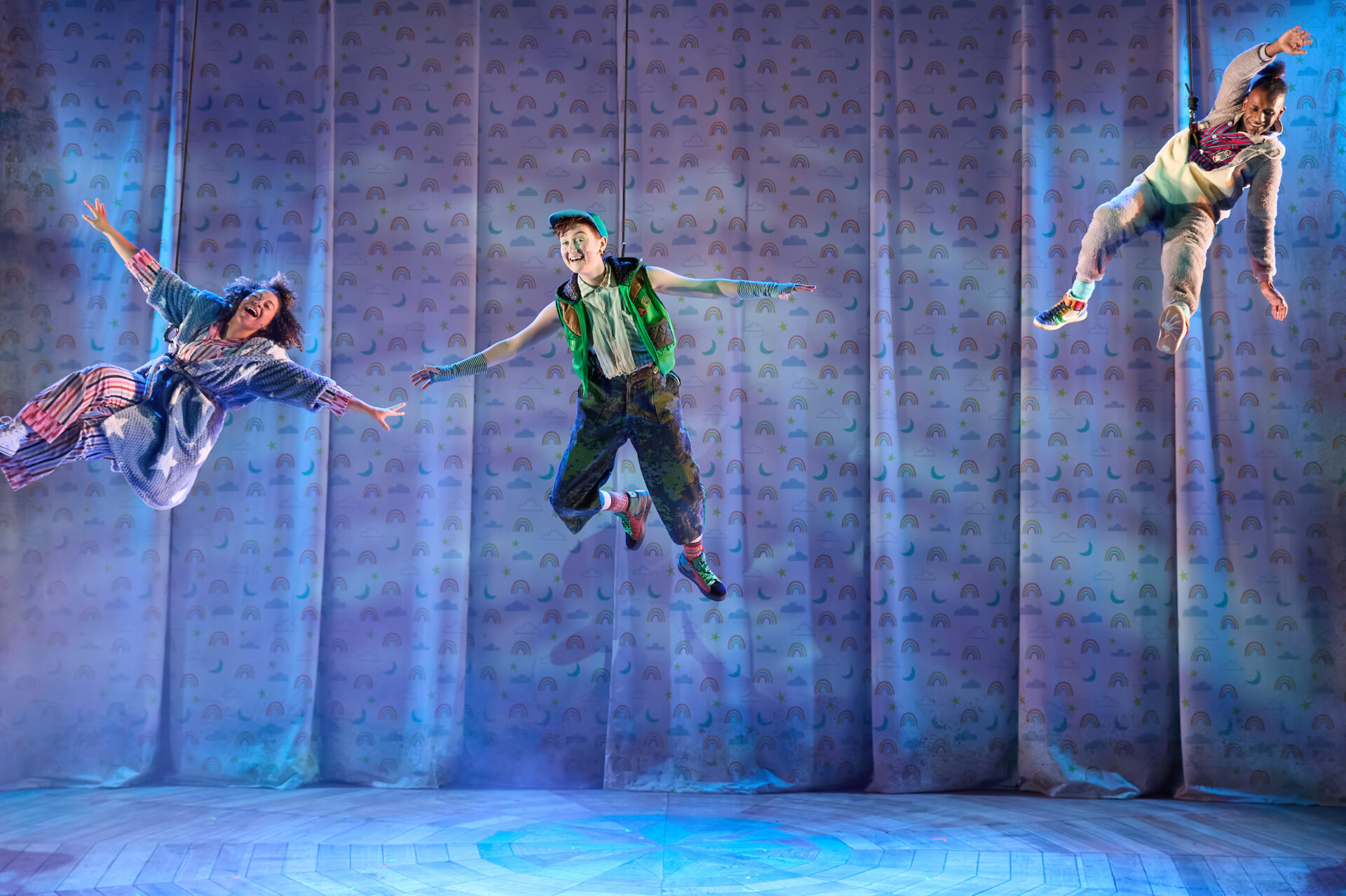 Emily Burnett (Wendy), Rebecca Hayes (Peter) and Kevin McIntosh (Michael / Jack) in Peter Pan. Image: Mark Douet