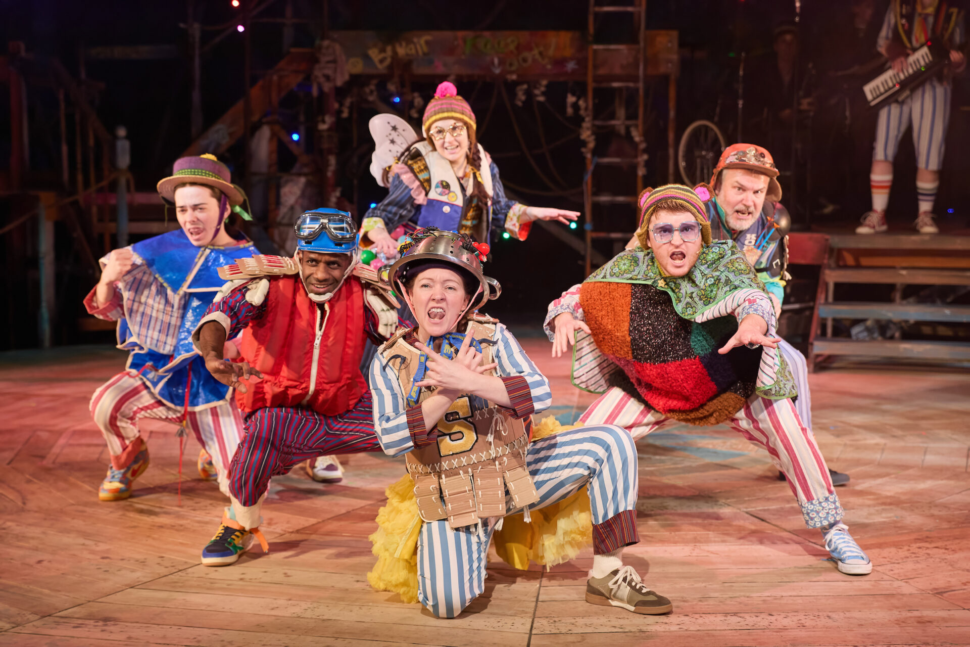Edward Lee (Apprentice Actor), Kevin McIntosh (Michael / Jack), Elinor O'Leary (Apprentice Actor), Rebecca Killick (Tiger / Nana / Slightly), Owen Alun (Tink / Skylights) and Keiron Self (Mr Darling / Smee / Tootles) in Peter Pan. Image: Mark Douet