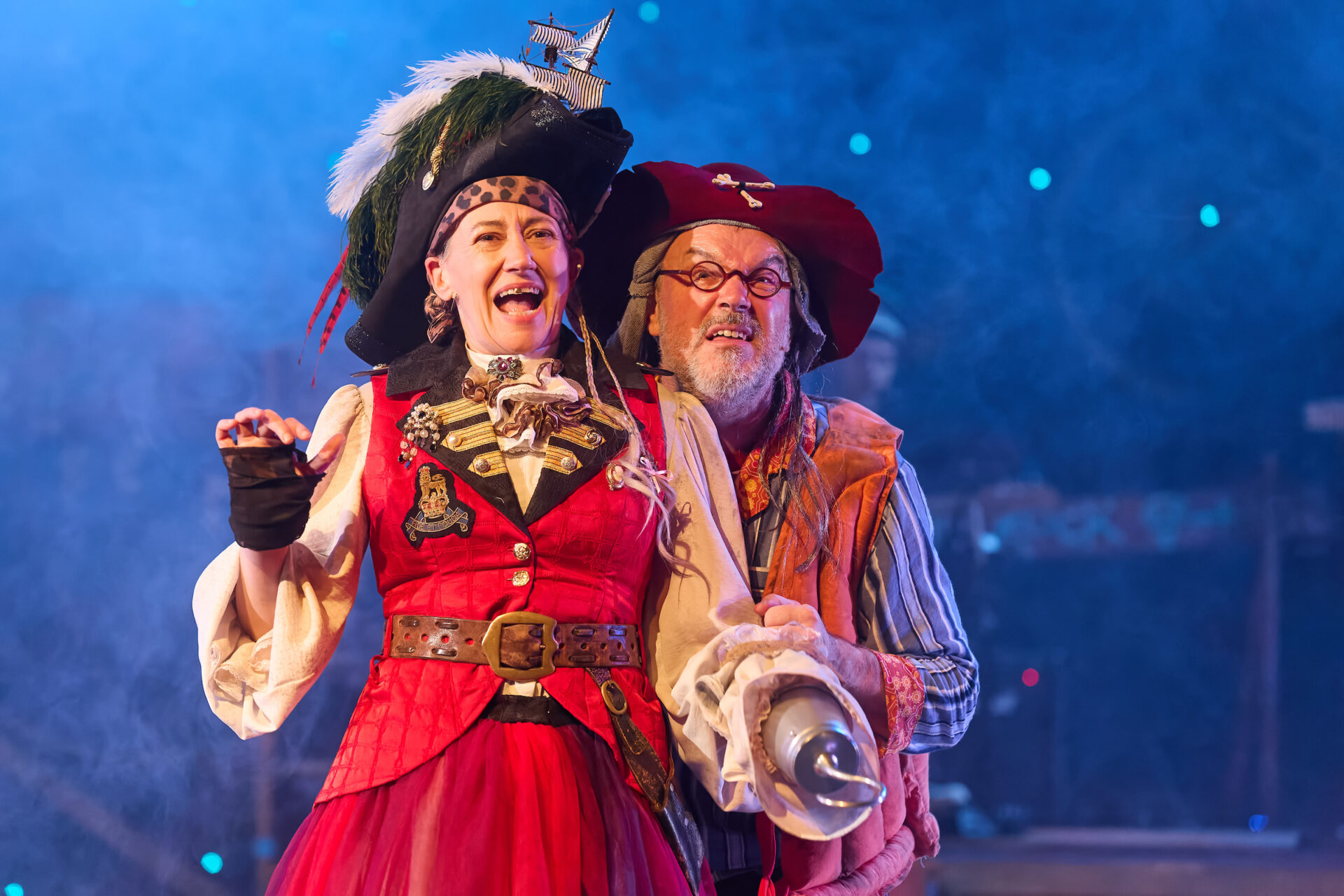 Alex Murdoch (Captain Hook / Mrs Darling) and Keiron Self (Smee / Mr Darling / Tootles) in Peter Pan. Image: Mark Douet