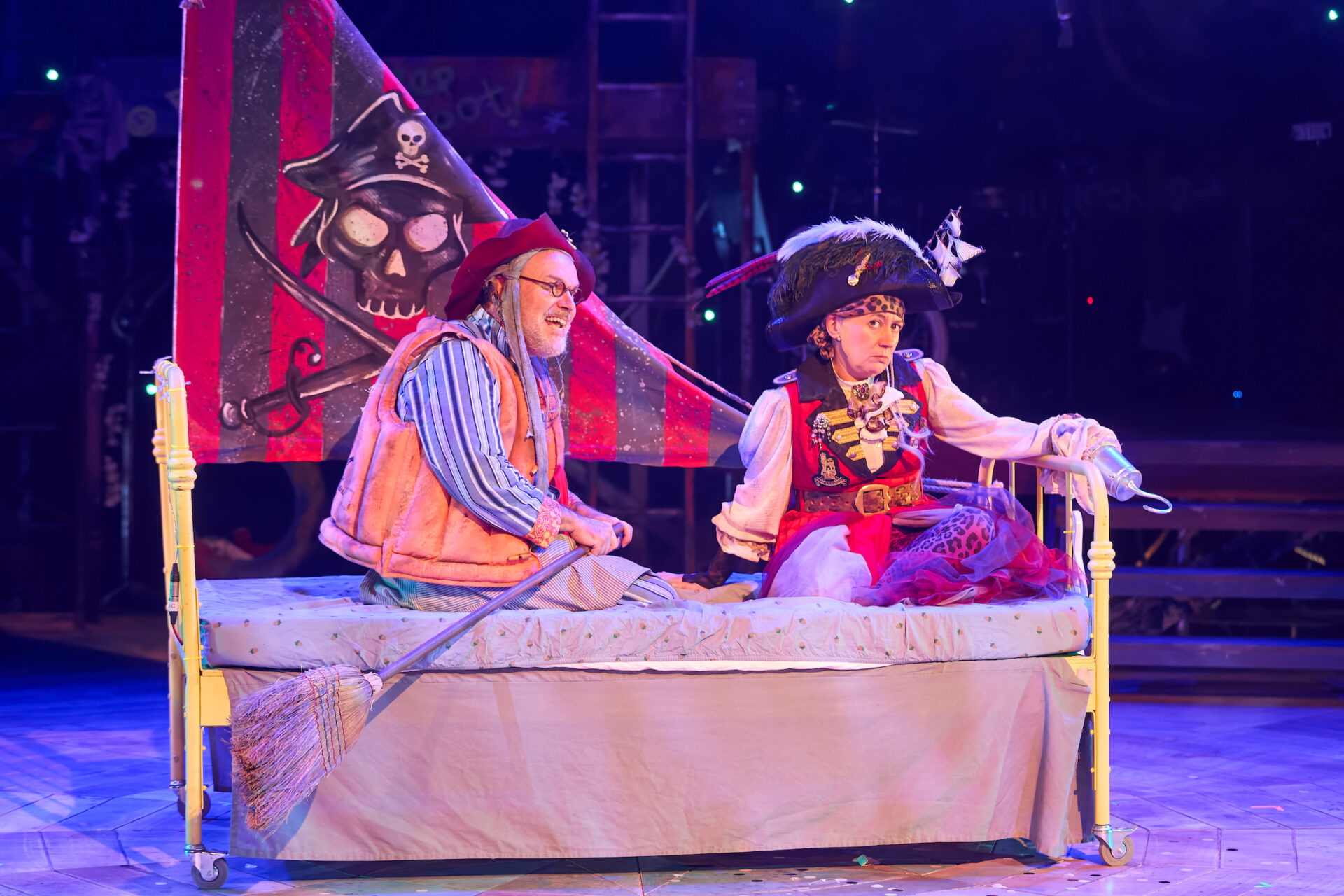 Keiron Self (Smee / Mr Darling / Tootles) and Alex Murdoch (Captain Hook / Mrs Darling) in Peter Pan. Image: Mark Douet