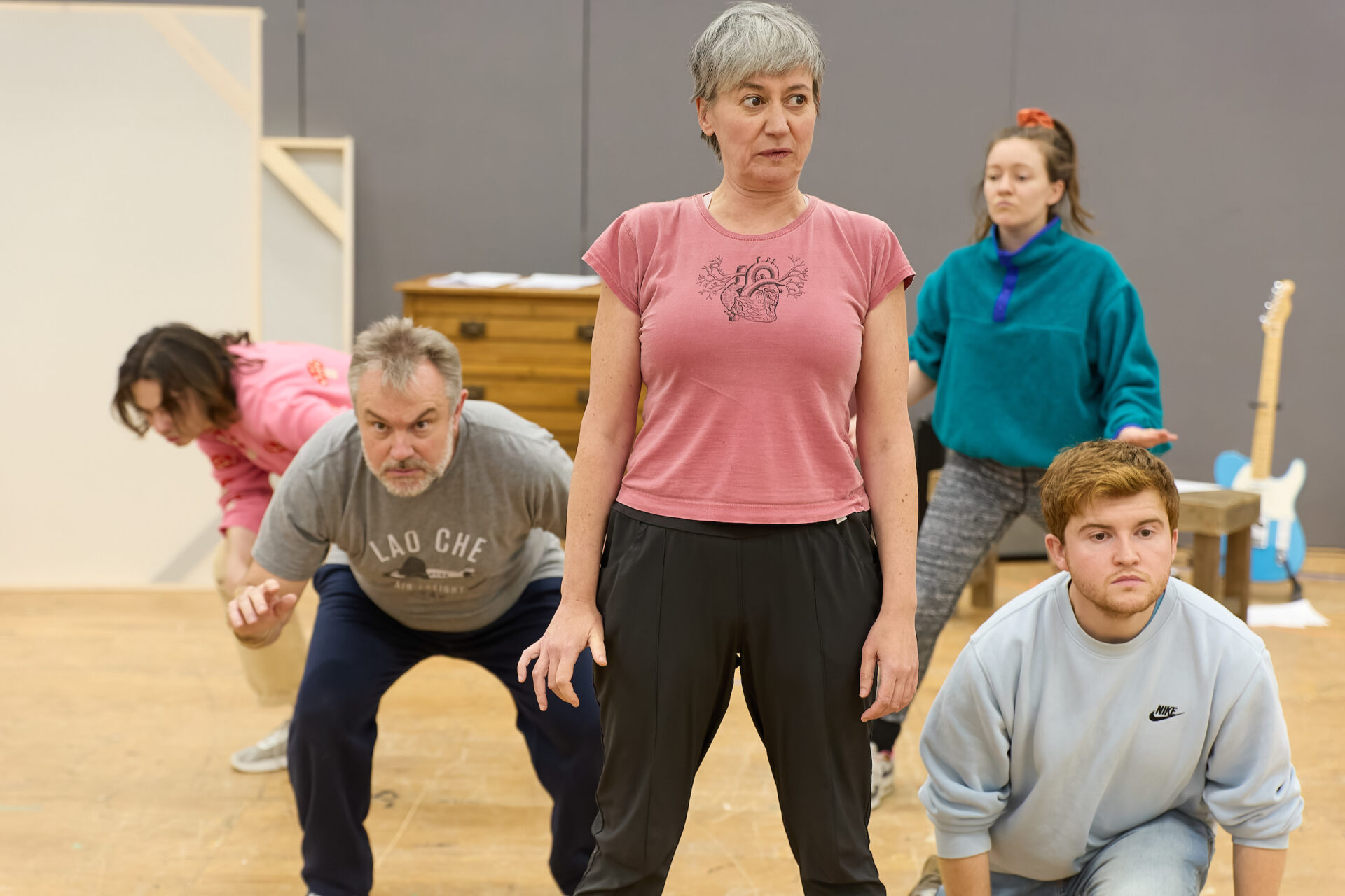 Edward Lee (Apprentice Actor), Keiron Self (Mr Darling / Smee / Tootles), Alex Murdoch (Mrs Darling / Hook), Rebecca Killick (Tiger / Nana / Slightly) and Owen Alun (Tink / Skylights) in Peter Pan rehearsals (c) Mark Douet