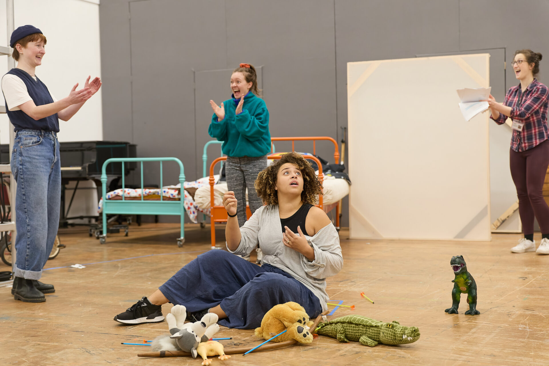 Rebecca Hayes (Peter), Rebecca Killick (Tiger / Nana / Slightly), Emily Burnett (Wendy) and Lynwen Haf Roberts (Nibs) in Peter Pan rehearsals (c) Mark Douet