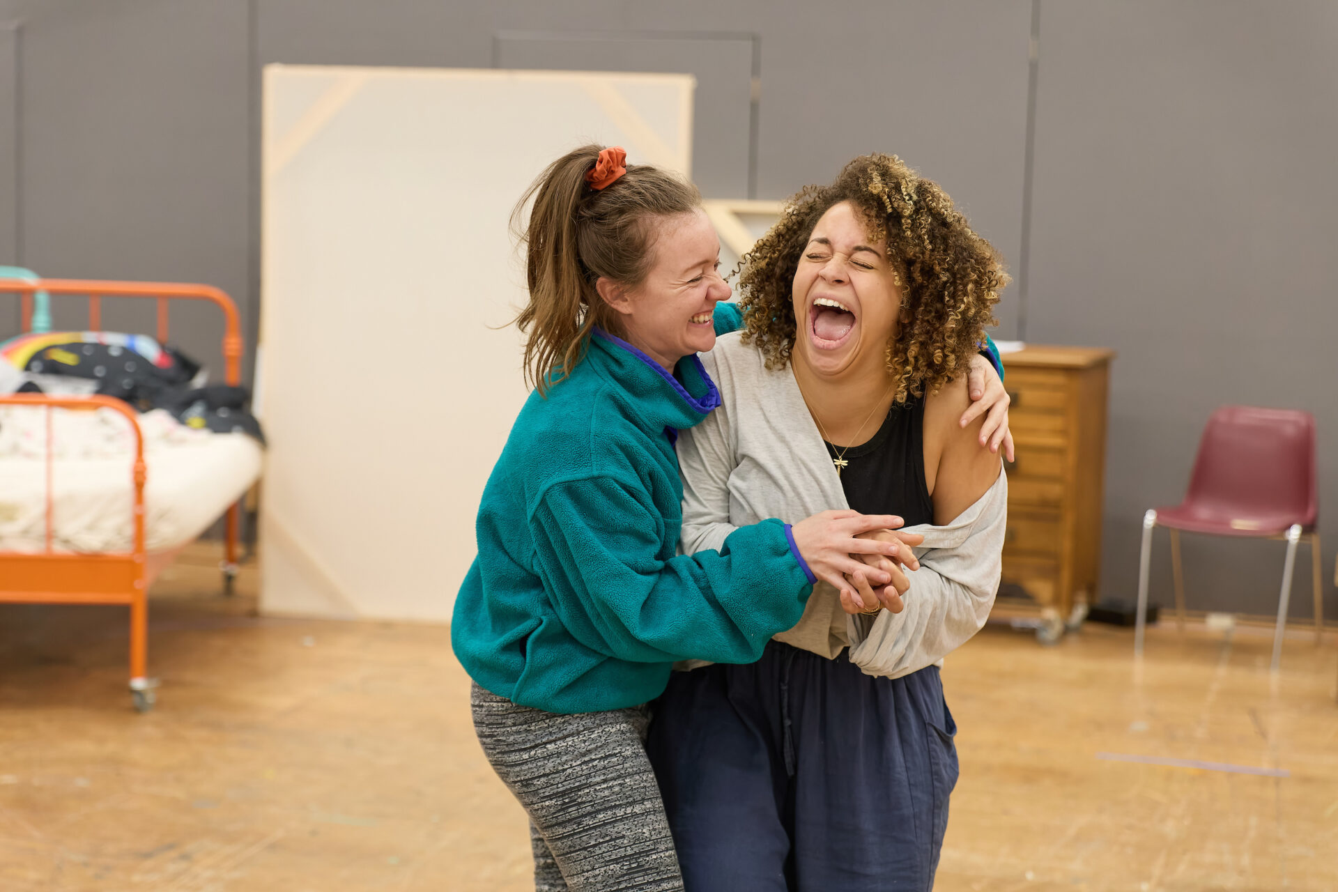 Rebecca Killick (Tiger / Nana / Slightly) and Emily Burnett (Wendy) in Peter Pan rehearsals (c) Mark Douet