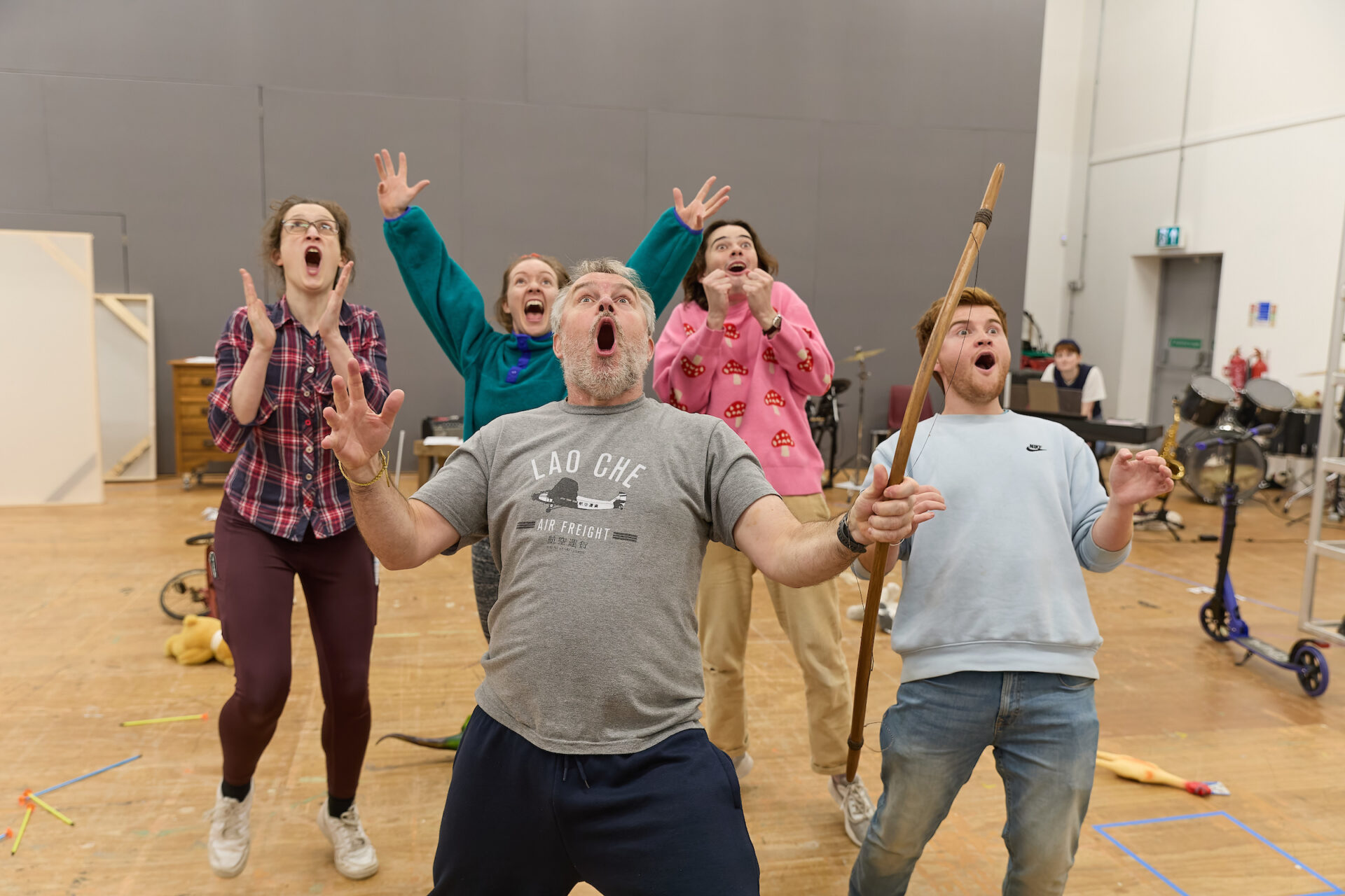 Lynwen Haf Roberts (Nibs), Rebecca Killick (Tiger / Nana / Slightly), Keiron Self (Mr Darling / Smee / Tootles), Edward Lee (Apprentice Actor) and Owen Alun (Tink / Skylights) in Peter Pan rehearsals (c) Mark Douet