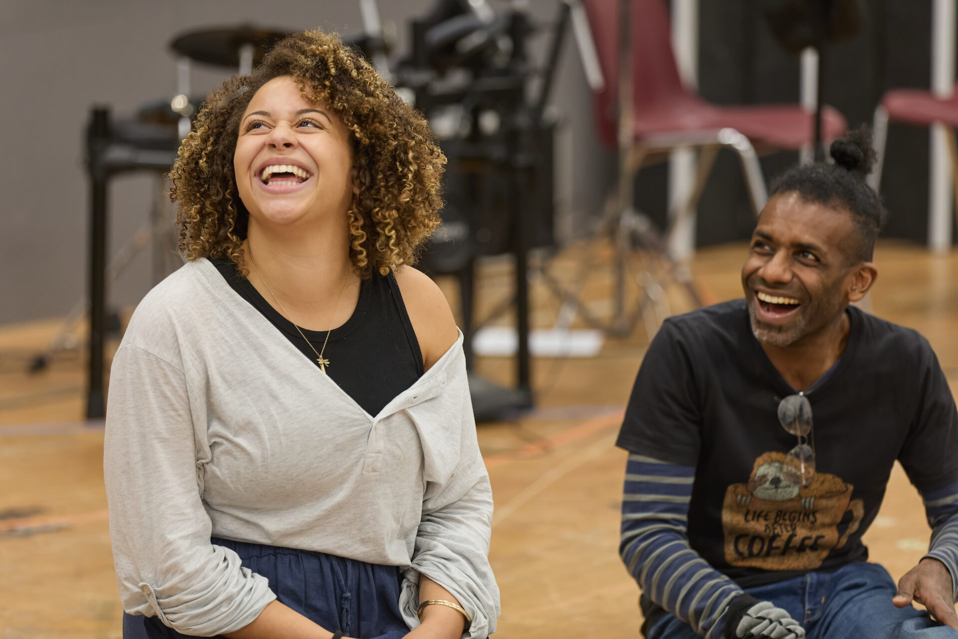 Emily Burnett (Wendy) and Kevin McIntosh (Michael / Jack) in Peter Pan rehearsals (c) Mark Douet