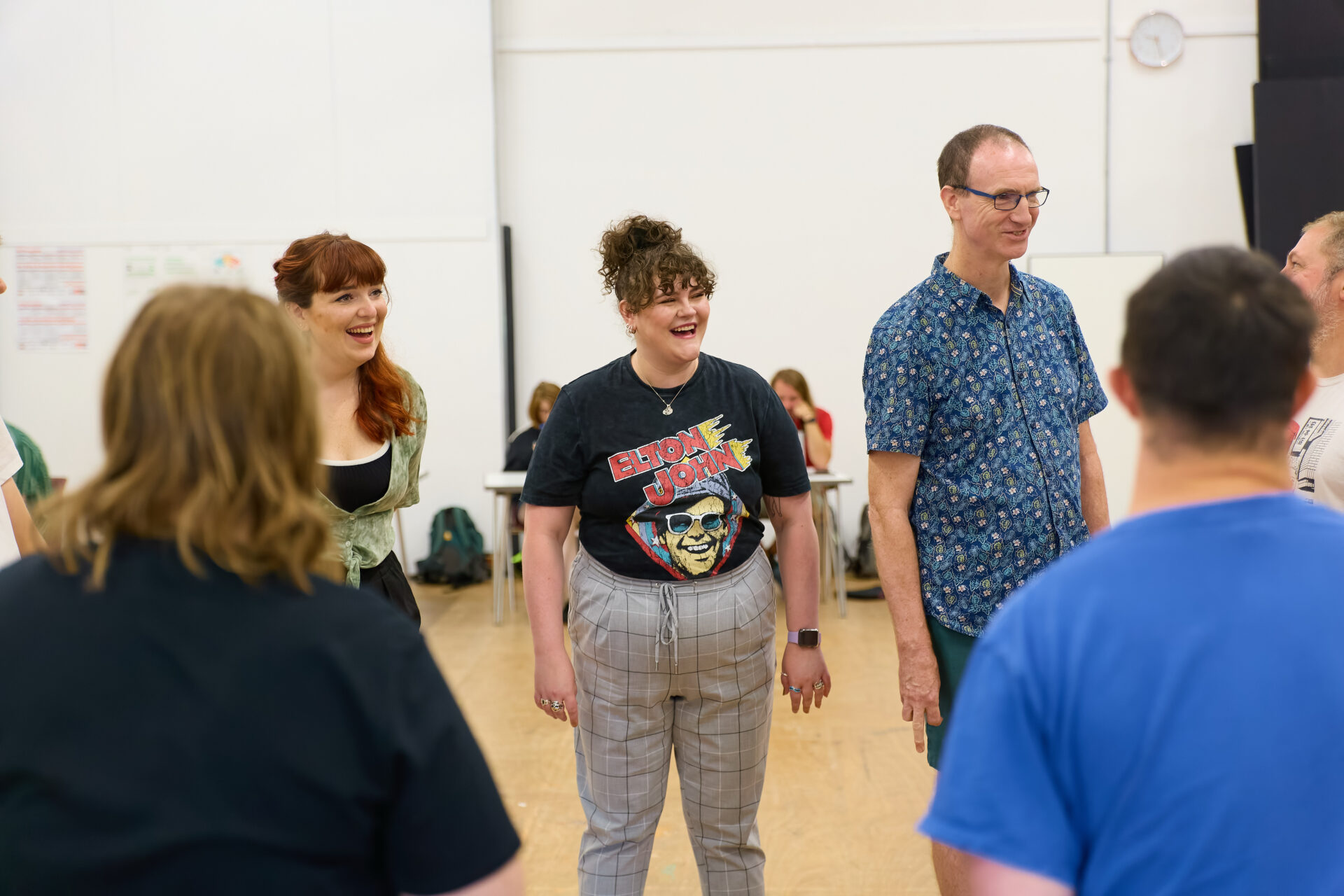 Caitlin Lavagna (Sian / Ensemble), Eveangeleis Tudball (Julie) and Tim Green (writer) in the first Housemates readthrough (c) Mark Douet