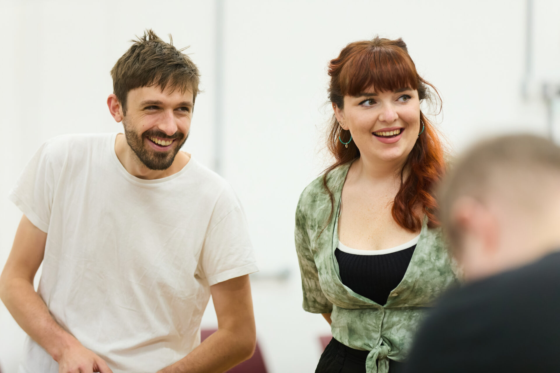 Peter Mooney (Jim) and Caitlin Lavagna (Sian / Ensemble) in the first Housemates readthrough (c) Mark Douet