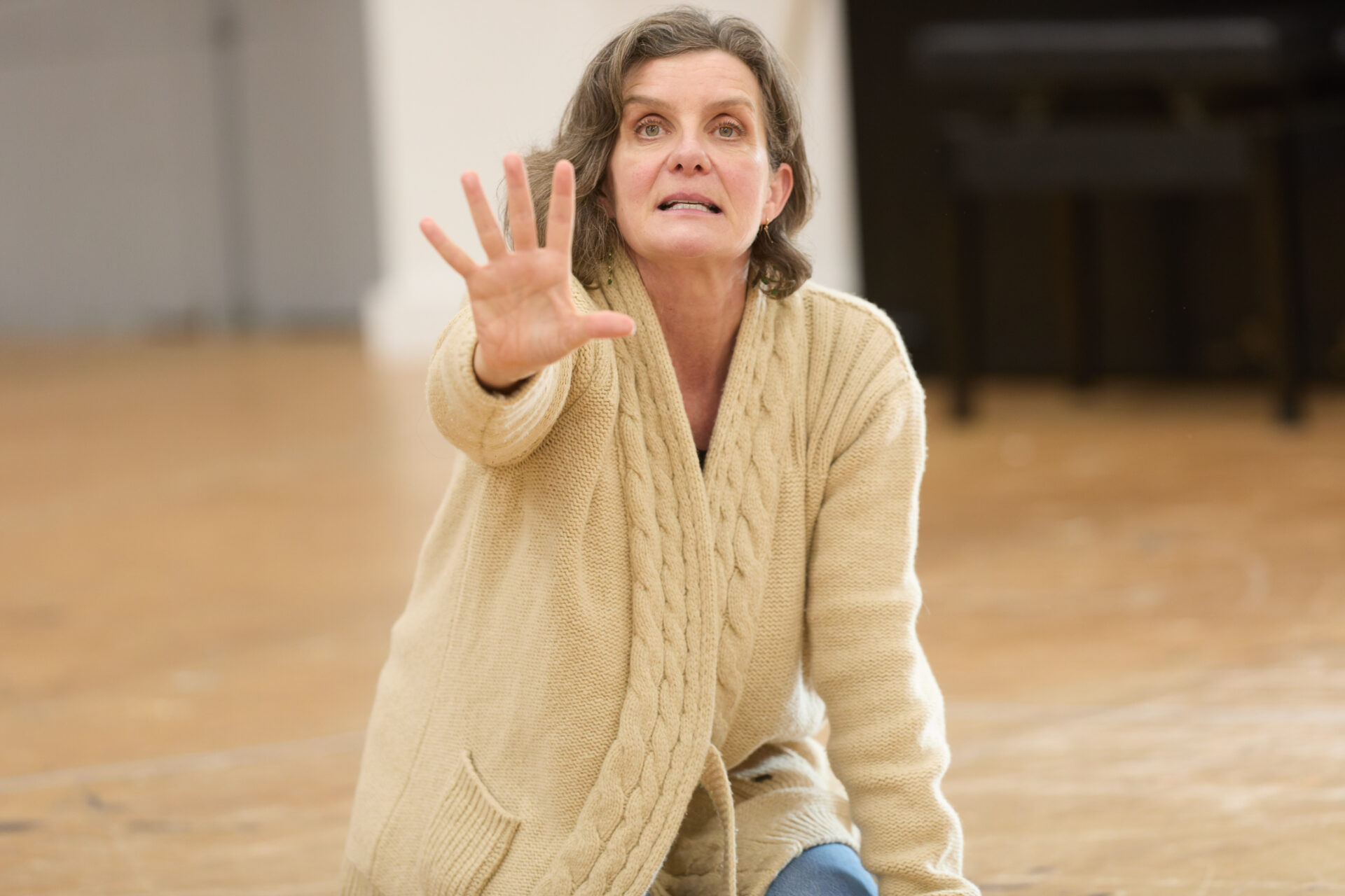 Vivien Parry (Jayne) in The Wife of Cyncoed rehearsals. Image: Mark Douet
