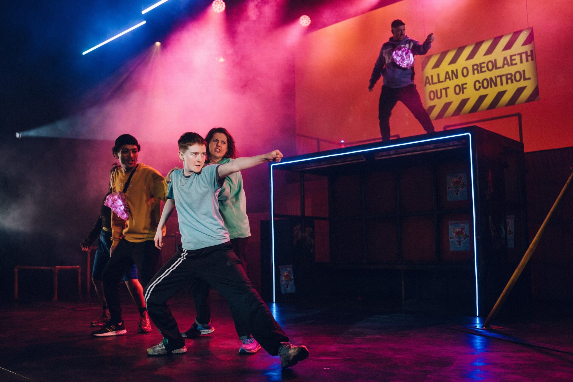 Nathaniel Leacock, Rebecca Hayes, Carys Eleri and Geraint Rhys Edwards in Feral Monster. Photograph by Kristina Banholzer