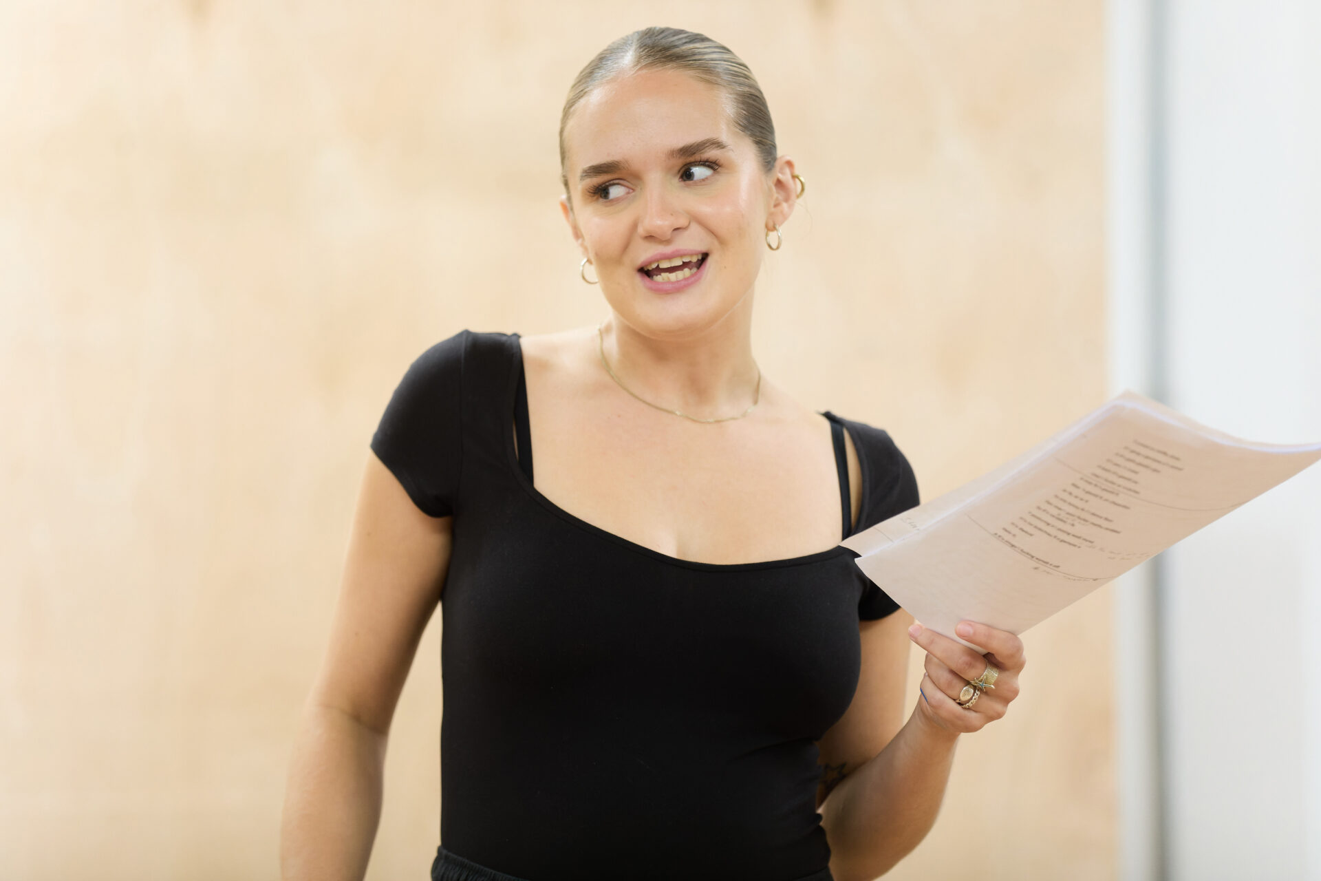 Seren Hamilton in rehearsals for Iphigenia yn Sblot. Image: Mark Douet 